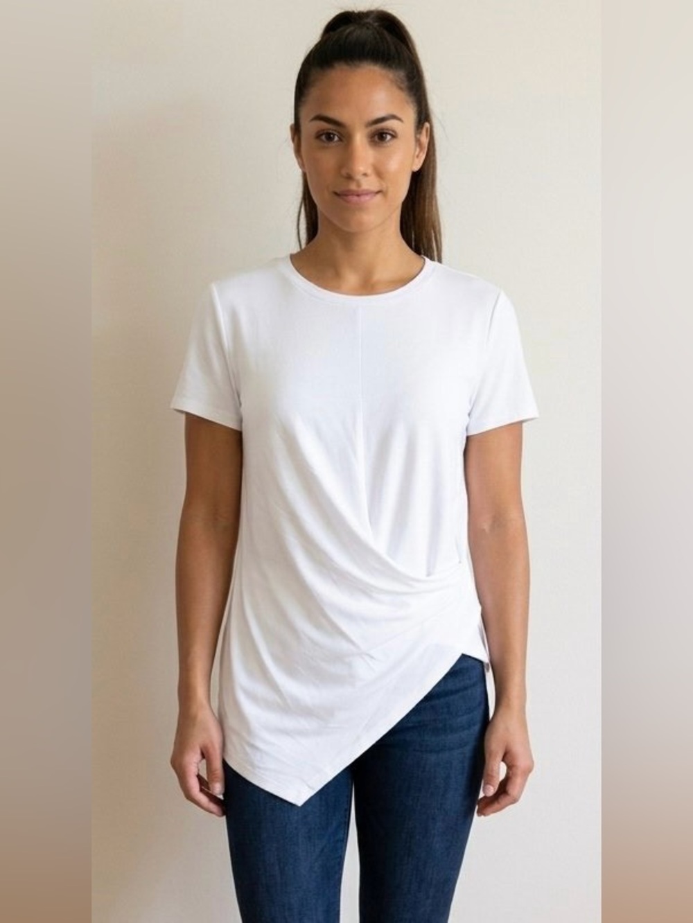 Asymmetric Twist Front Short Sleeve Top - White